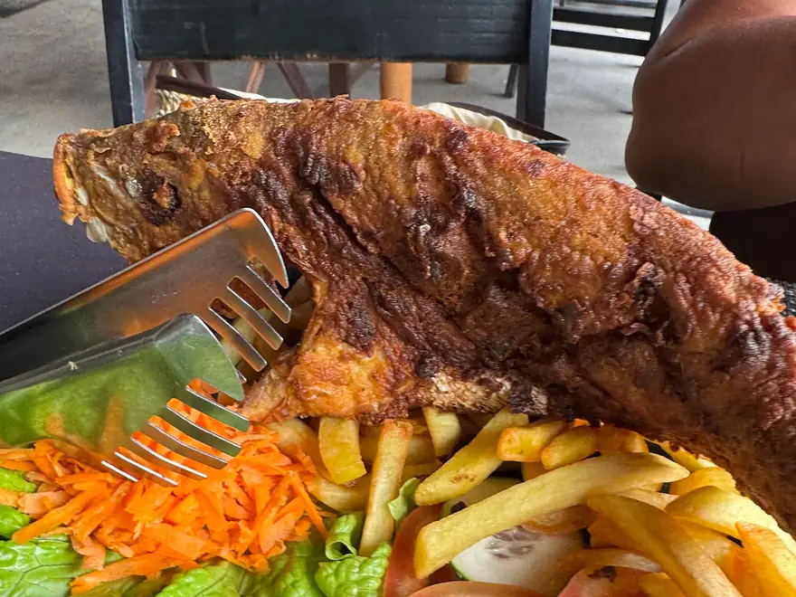 Prato de Praia: peixe vermelho inteiro frito sobre fritas, com farofa e vinagrete ao lado